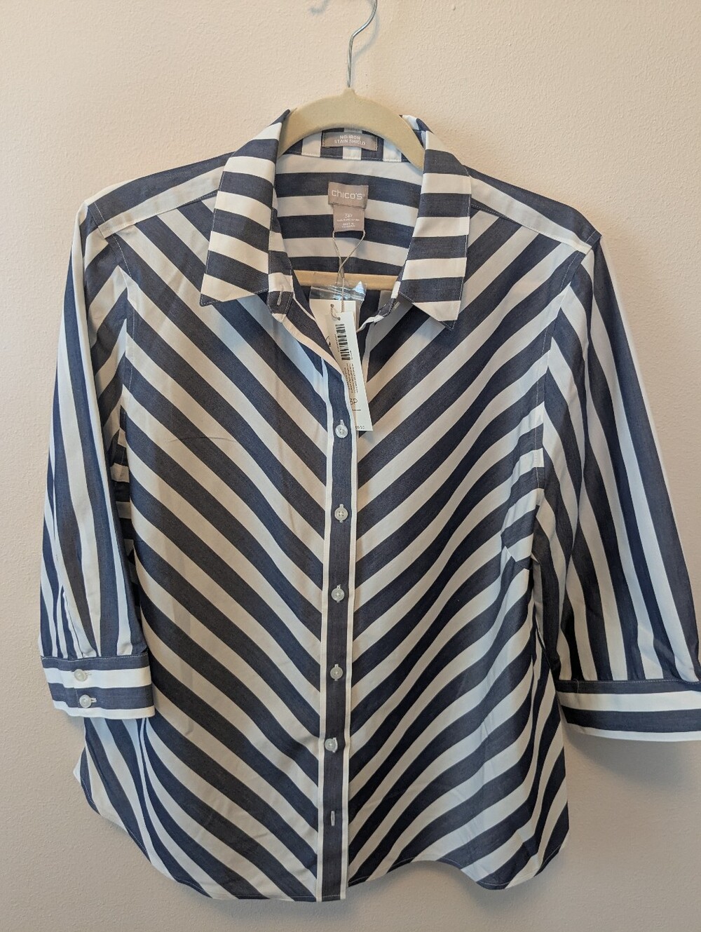 Chico's Navy & White Diagonal Stripe Button-Down Shirt